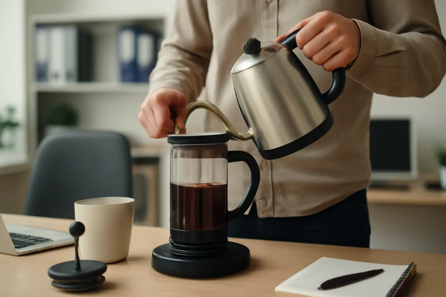Vorbereitung der French Press und Vorwärmen zur Optimierung des Aromas – French Press im Büro