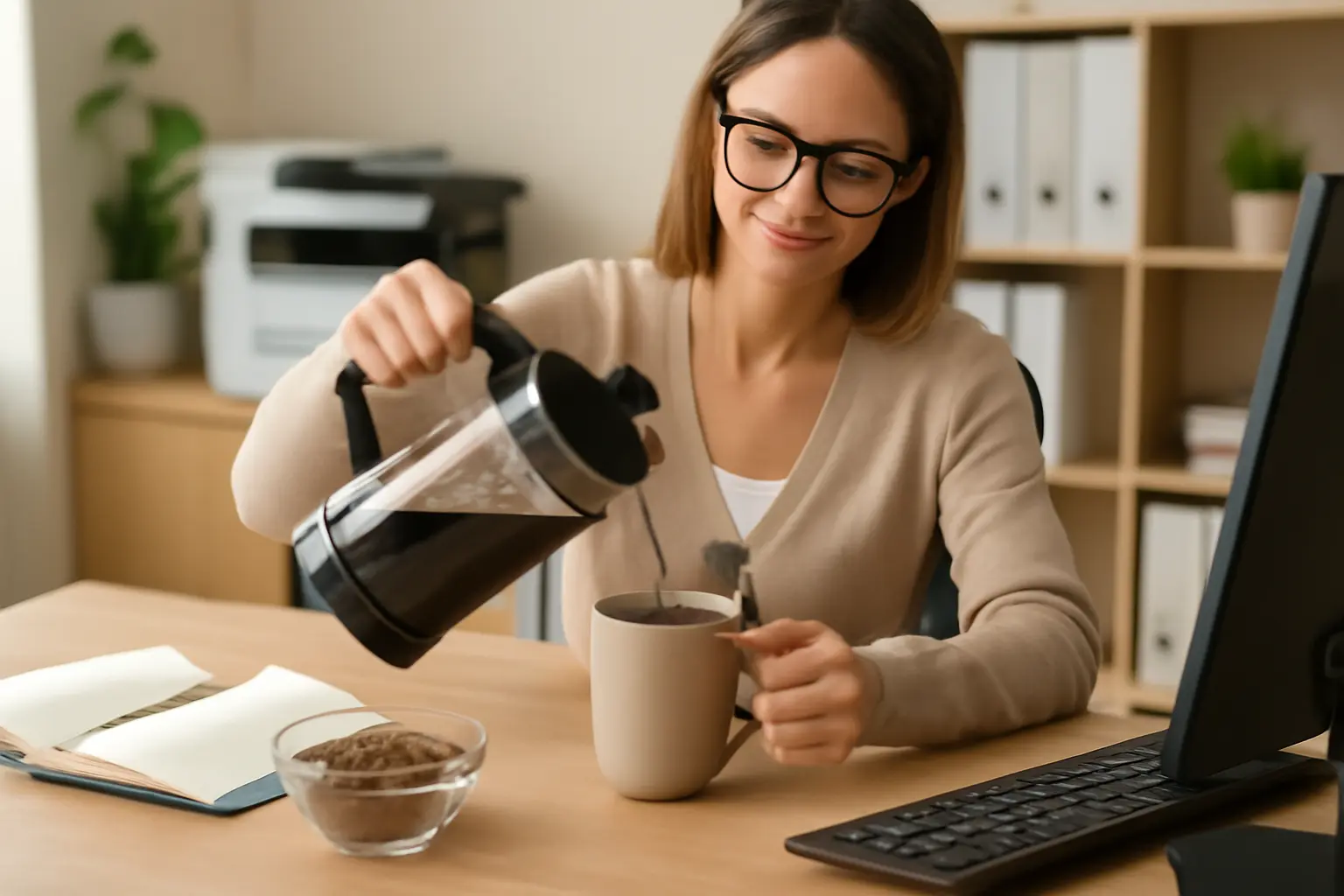 French Press Efficiently Integrated into Office Routines: Enhancing Practical Enjoyment – French Press Zubereitung
