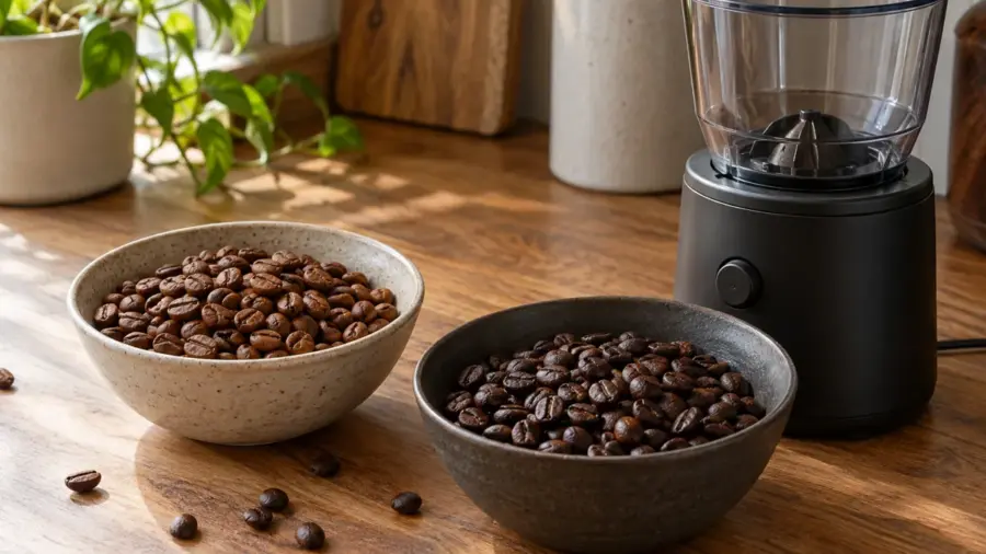 Zwei getrennte Schalen mit Kaffeebohnen neben einer leeren Kaffeemühle