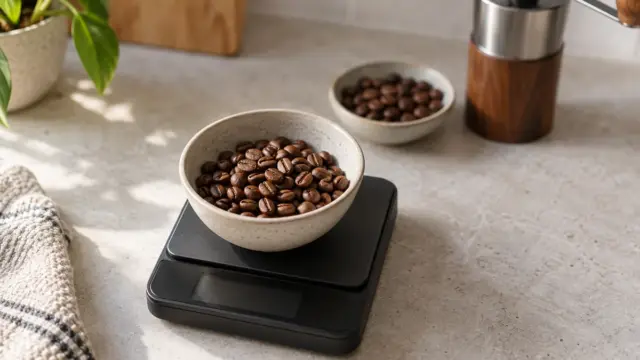 Schale mit Kaffeebohnen auf einer digitalen Kaffeewaage