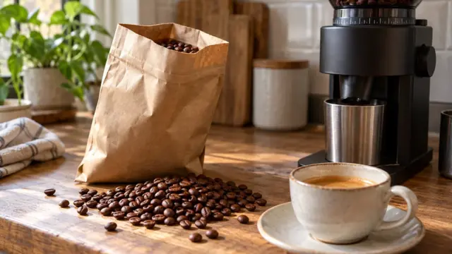 Geöffnete Kaffeepackung mit Bohnen neben Kaffeemühle und Espressotasse